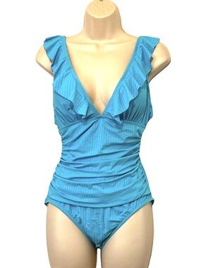Into the Bleu Flutter Sleeve Ribbed One-Piece Swimsuit, Color Blue Skies, Sz 10